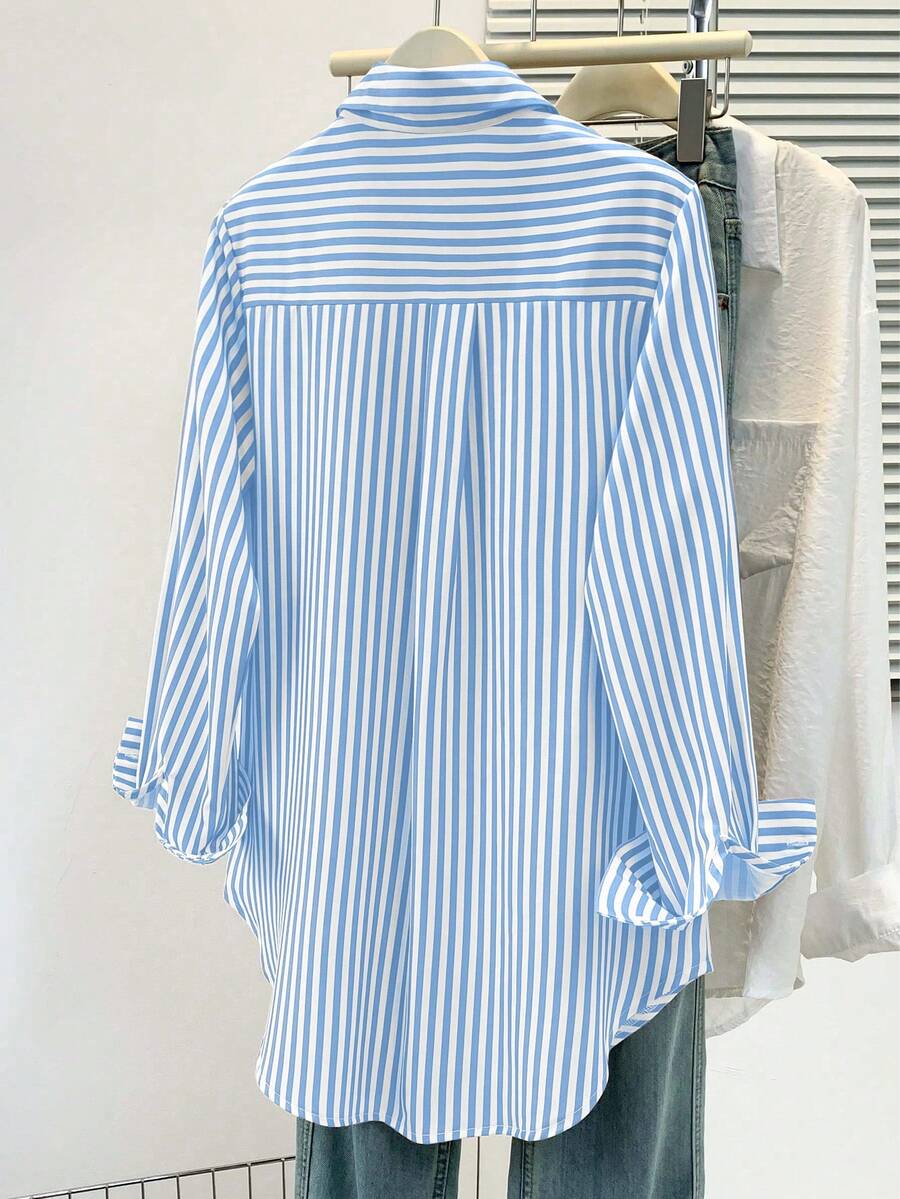 Women's Casual Basic Striped Pointed Collar Long Sleeve Shirt Blouse With Button Pockets, Suitable For Daily Office Wear, Autumn/Winter/Spring