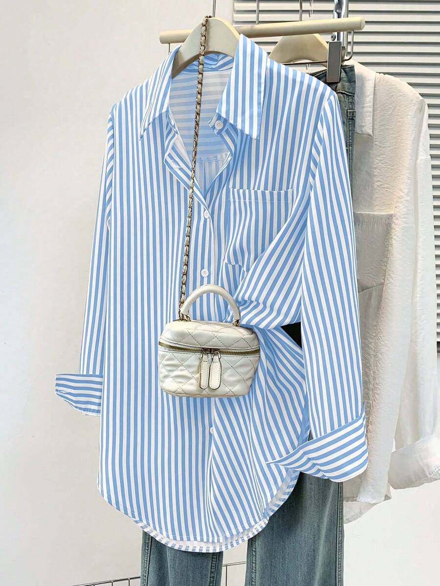 Women's Casual Basic Striped Pointed Collar Long Sleeve Shirt Blouse With Button Pockets, Suitable For Daily Office Wear, Autumn/Winter/Spring