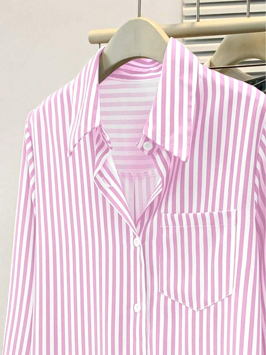Women's Casual Basic Striped Pointed Collar Long Sleeve Shirt Blouse With Button Pockets, Suitable For Daily Office Wear, Autumn/Winter/Spring