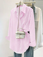 Women's Casual Basic Striped Pointed Collar Long Sleeve Shirt Blouse With Button Pockets, Suitable For Daily Office Wear, Autumn/Winter/Spring