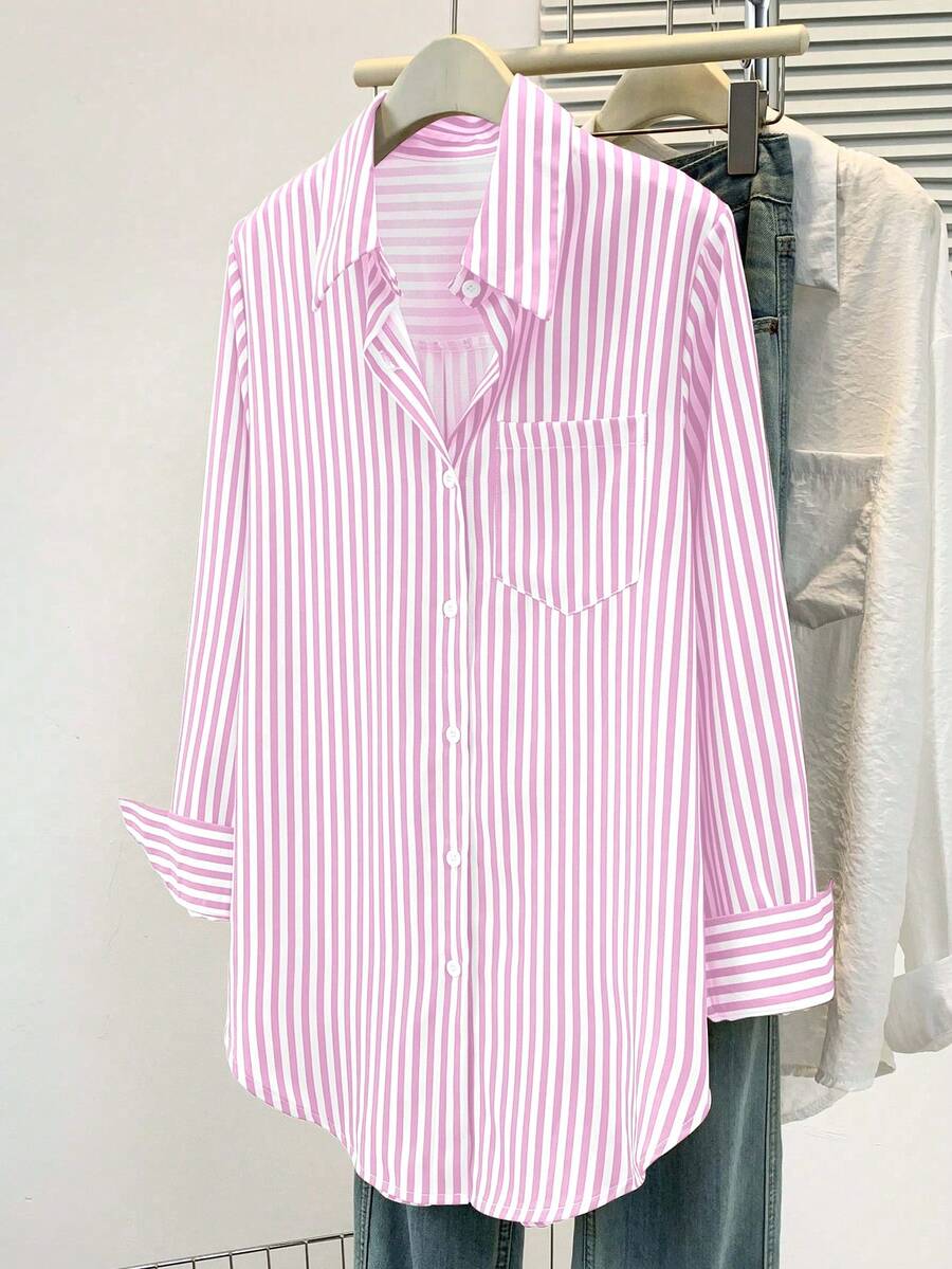 Women's Casual Basic Striped Pointed Collar Long Sleeve Shirt Blouse With Button Pockets, Suitable For Daily Office Wear, Autumn/Winter/Spring