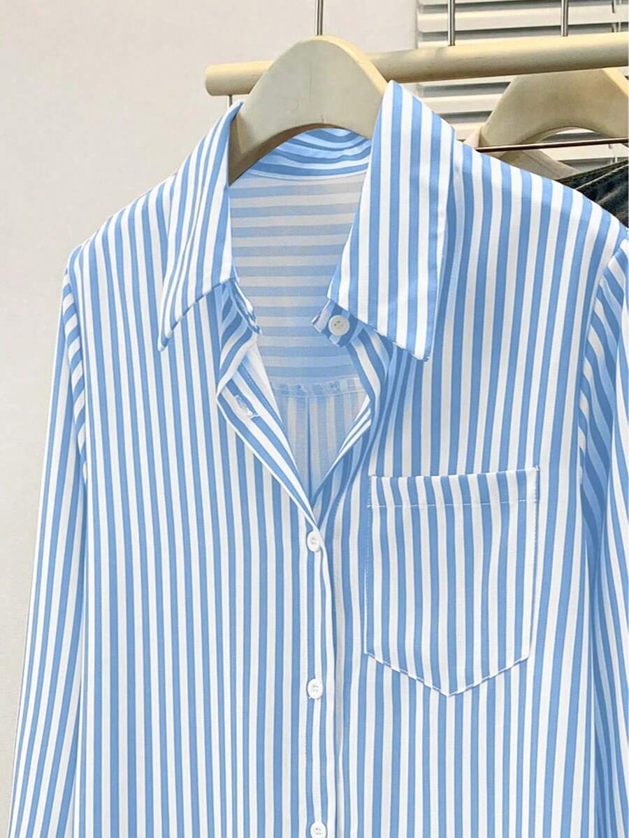 Women's Casual Basic Striped Pointed Collar Long Sleeve Shirt Blouse With Button Pockets, Suitable For Daily Office Wear, Autumn/Winter/Spring