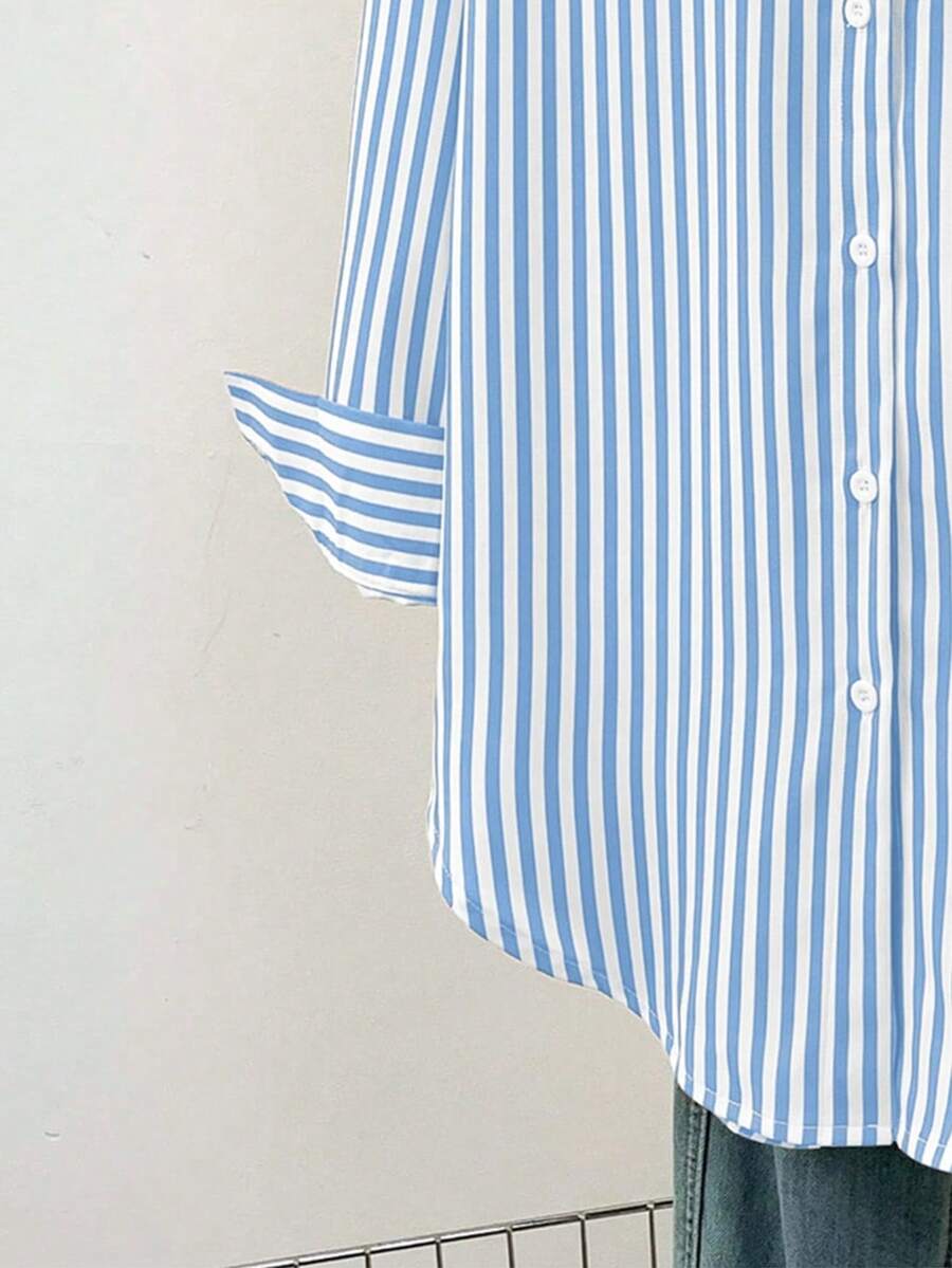 Women's Casual Basic Striped Pointed Collar Long Sleeve Shirt Blouse With Button Pockets, Suitable For Daily Office Wear, Autumn/Winter/Spring