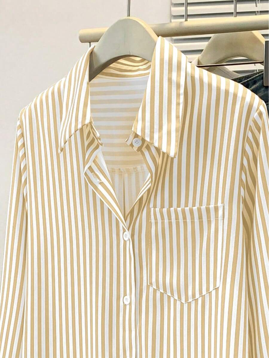 Women's Casual Basic Striped Pointed Collar Long Sleeve Shirt Blouse With Button Pockets, Suitable For Daily Office Wear, Autumn/Winter/Spring