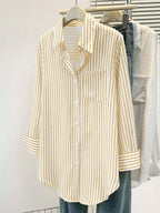Women's Casual Basic Striped Pointed Collar Long Sleeve Shirt Blouse With Button Pockets, Suitable For Daily Office Wear, Autumn/Winter/Spring