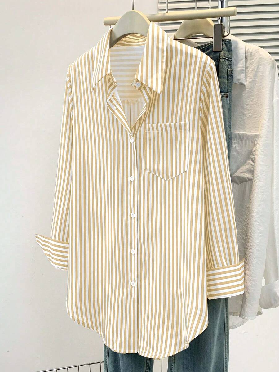 Women's Casual Basic Striped Pointed Collar Long Sleeve Shirt Blouse With Button Pockets, Suitable For Daily Office Wear, Autumn/Winter/Spring