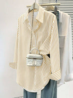 Women's Casual Basic Striped Pointed Collar Long Sleeve Shirt Blouse With Button Pockets, Suitable For Daily Office Wear, Autumn/Winter/Spring