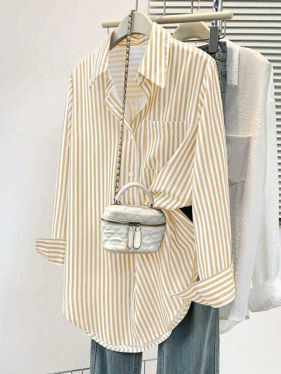 Women's Casual Basic Striped Pointed Collar Long Sleeve Shirt Blouse With Button Pockets, Suitable For Daily Office Wear, Autumn/Winter/Spring