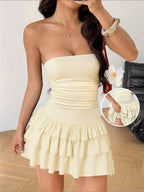 MainGRL Knitted Fabric A-Line Sleeveless Mini Dress In Burgundy Tube Top Dress Ruffle Dress,Party Dress