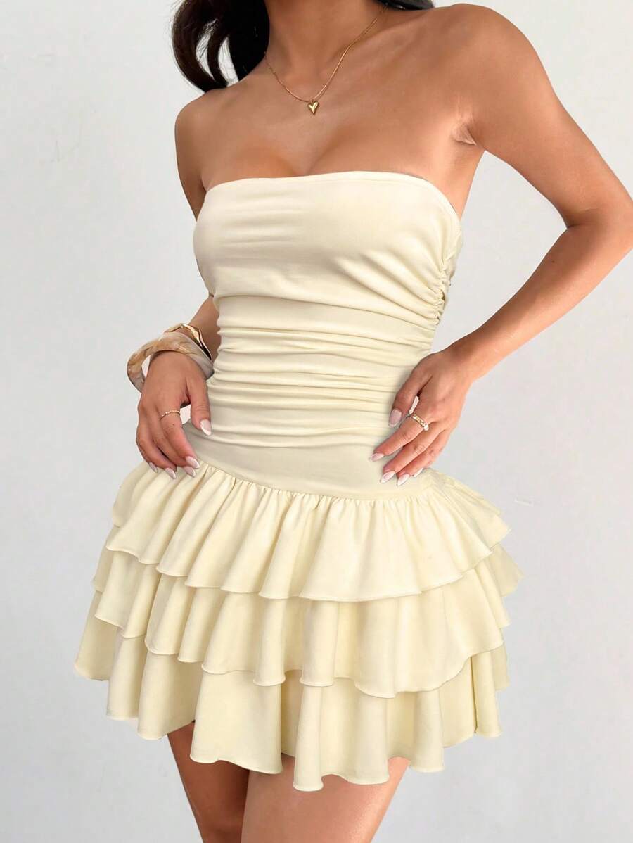 MainGRL Knitted Fabric A-Line Sleeveless Mini Dress In Burgundy Tube Top Dress Ruffle Dress,Party Dress