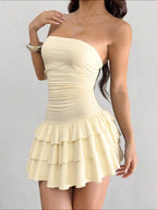 MainGRL Knitted Fabric A-Line Sleeveless Mini Dress In Burgundy Tube Top Dress Ruffle Dress,Party Dress