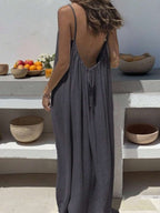 Cévolie Women's Solid Color Open Back Tie Loose Casual Maxi Slip Dress