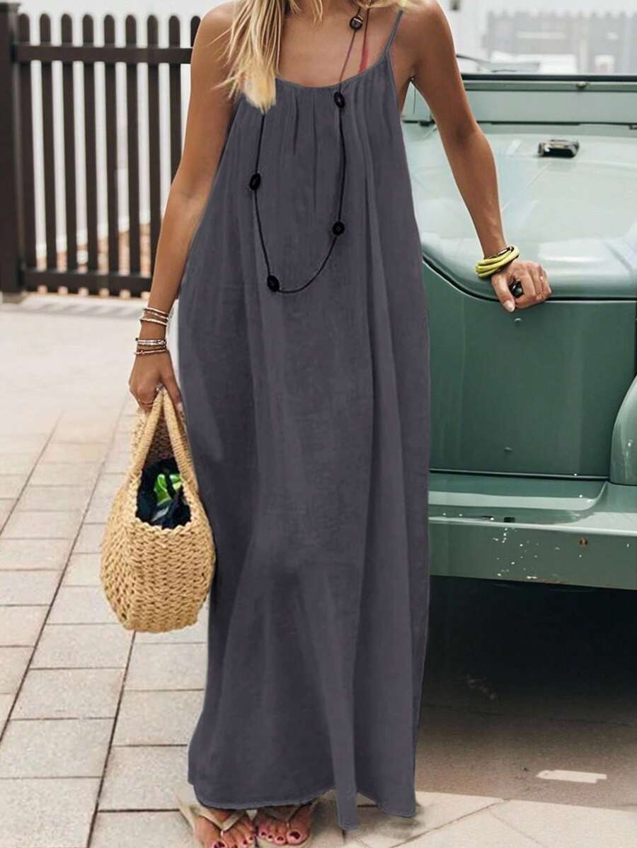 Cévolie Women's Solid Color Open Back Tie Loose Casual Maxi Slip Dress