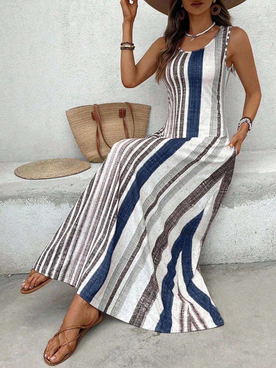 EMERY ROSE Women's Retro Striped Sleeveless Round Neck Dress