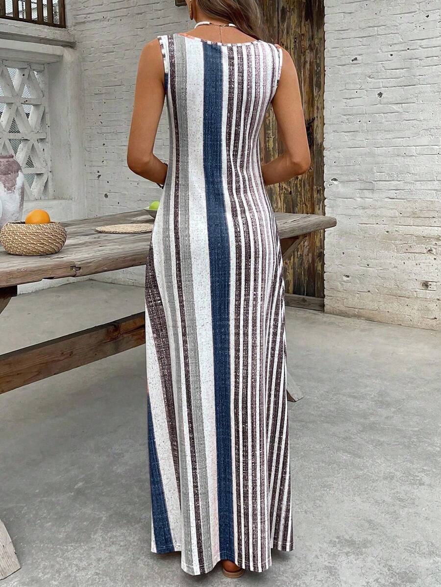 EMERY ROSE Women's Retro Striped Sleeveless Round Neck Dress