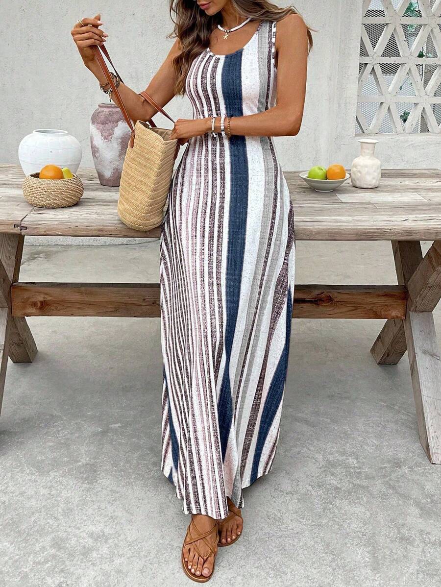 EMERY ROSE Women's Retro Striped Sleeveless Round Neck Dress