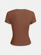 XLLAIS 2025 Model Black Short Sleeve Crew Neck Solid Color Basic Fitted Casual T-Shirt For Women, Summer