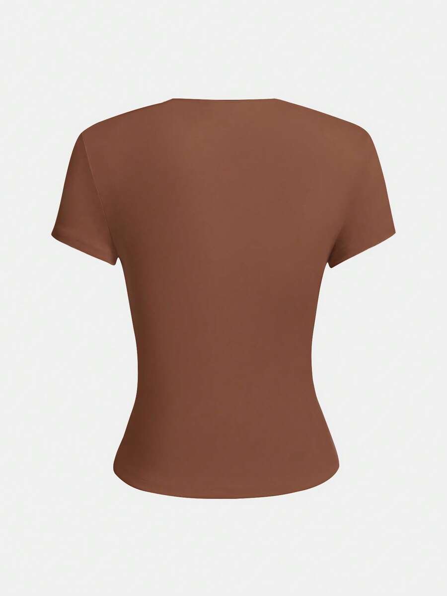 XLLAIS 2025 Model Black Short Sleeve Crew Neck Solid Color Basic Fitted Casual T-Shirt For Women, Summer