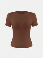 XLLAIS 2025 Model Black Short Sleeve Crew Neck Solid Color Basic Fitted Casual T-Shirt For Women, Summer