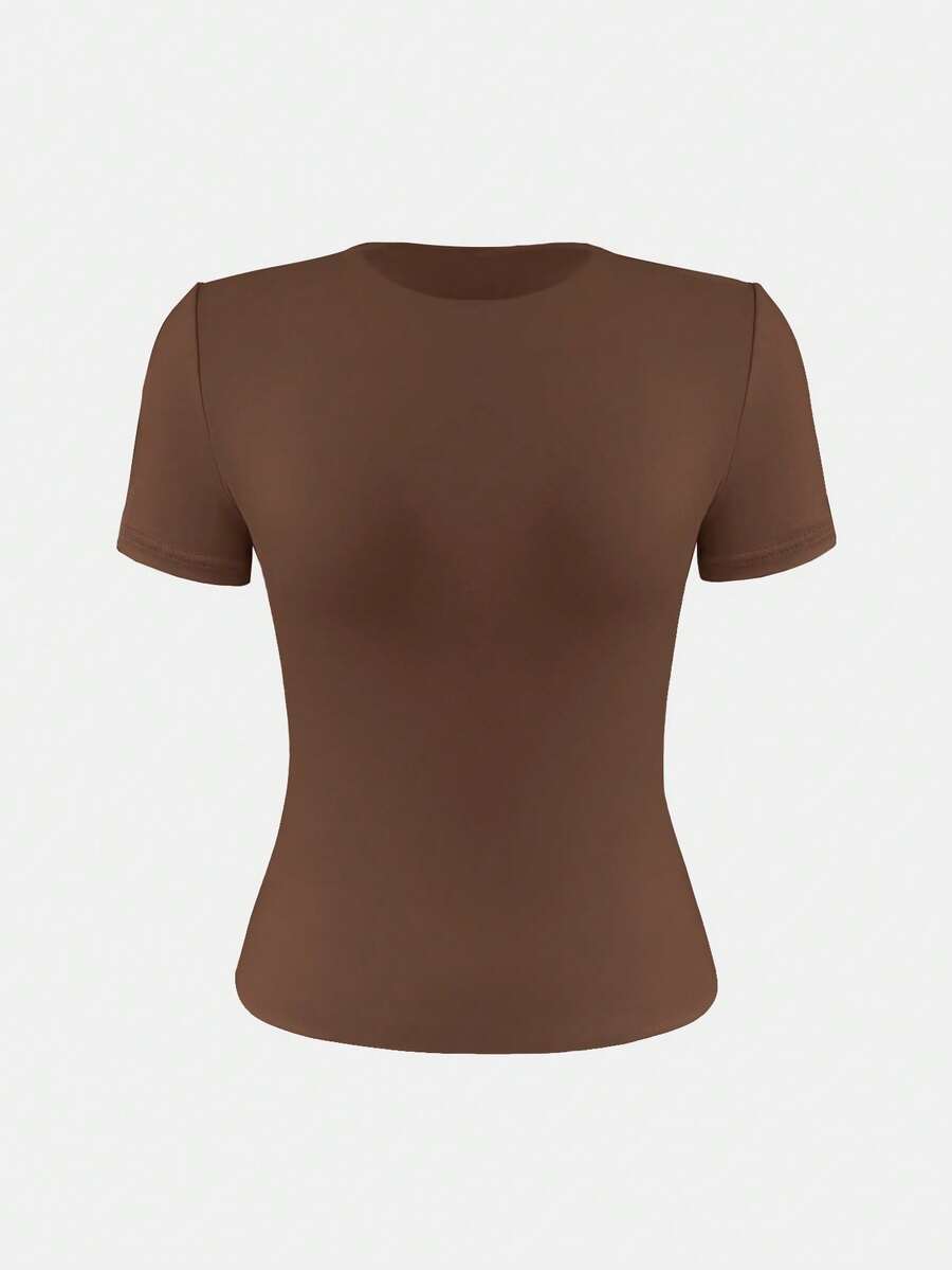 XLLAIS 2025 Model Black Short Sleeve Crew Neck Solid Color Basic Fitted Casual T-Shirt For Women, Summer