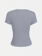XLLAIS 2025 Model Black Short Sleeve Crew Neck Solid Color Basic Fitted Casual T-Shirt For Women, Summer