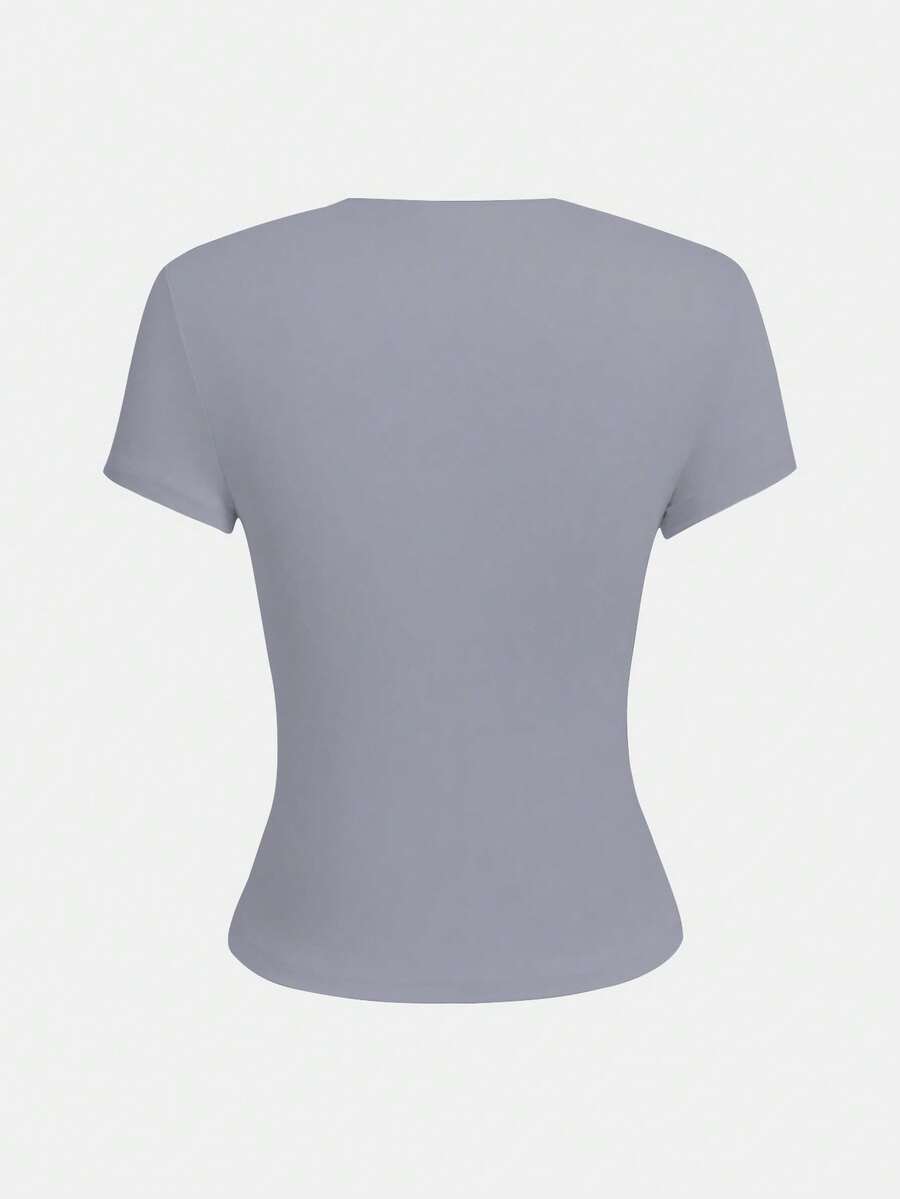 XLLAIS 2025 Model Black Short Sleeve Crew Neck Solid Color Basic Fitted Casual T-Shirt For Women, Summer