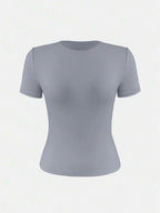 XLLAIS 2025 Model Black Short Sleeve Crew Neck Solid Color Basic Fitted Casual T-Shirt For Women, Summer