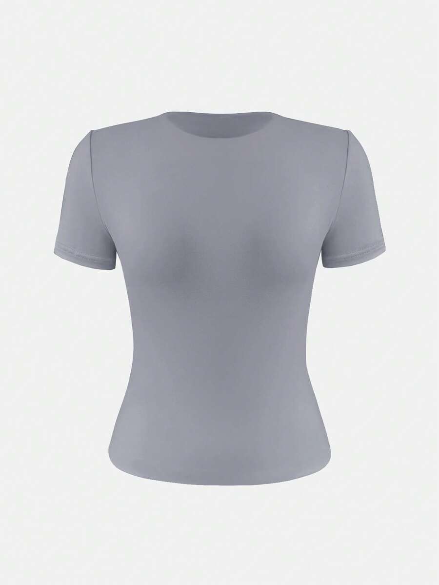 XLLAIS 2025 Model Black Short Sleeve Crew Neck Solid Color Basic Fitted Casual T-Shirt For Women, Summer
