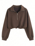 Airaco Women's Solid Color Drop Shoulder Long Sleeve Vintage American Style Half Zip Niche Sweatshirt Pullover Fall
