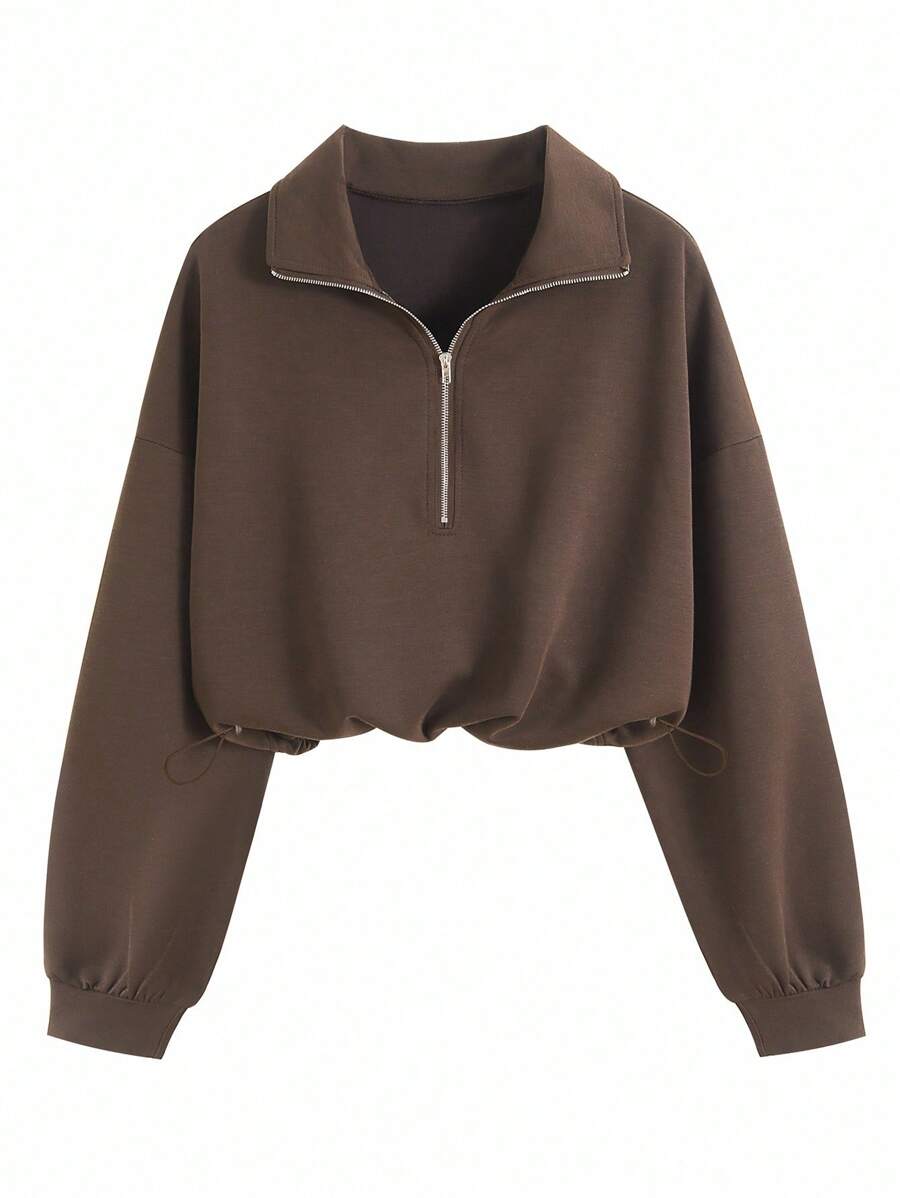 Airaco Women's Solid Color Drop Shoulder Long Sleeve Vintage American Style Half Zip Niche Sweatshirt Pullover Fall