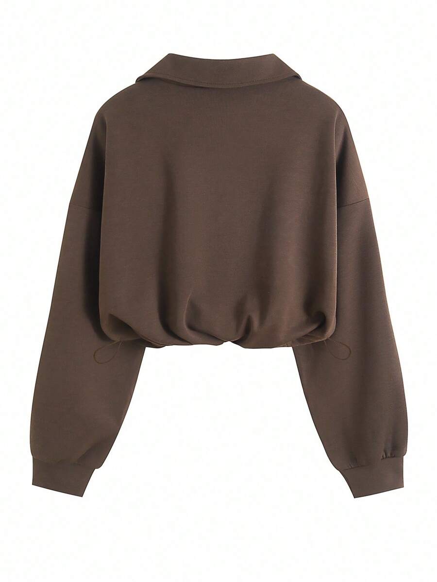 Airaco Women's Solid Color Drop Shoulder Long Sleeve Vintage American Style Half Zip Niche Sweatshirt Pullover Fall