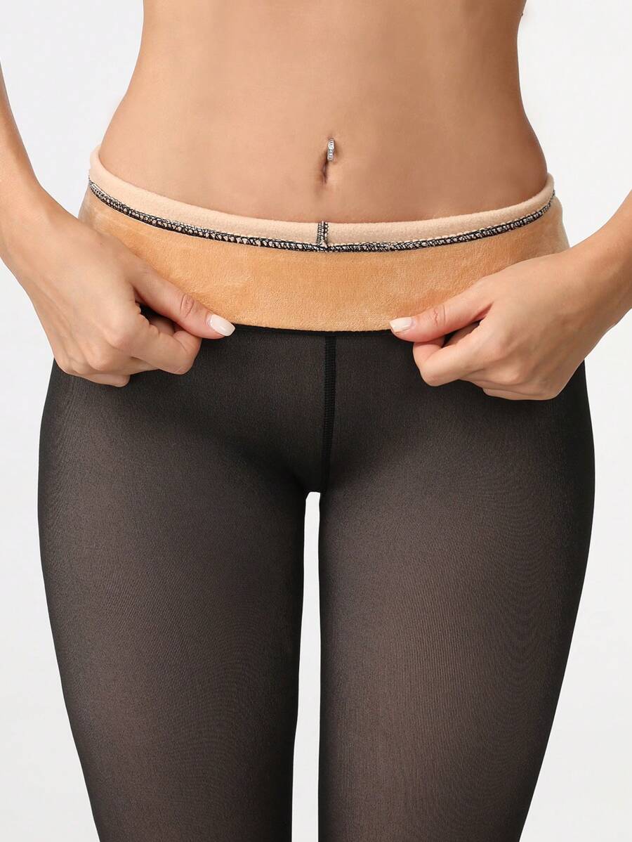 1pc Women's Sexy Semi-Sheer Tights, Thick Warm Lining, High Waist Elastic Skinny Pants, 220g, Comfortable