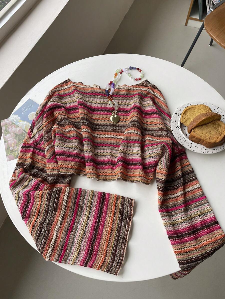 Comfortcana Plus Size Women Casual Striped Cropped T-Shirt,Fall Clothes For Women Colorful Knit Top,Autumn/Winter,Fall Clothes For Women Boho Knit Top Striped Knit Top,Vacation, Summer Knit Top,Slightly Sheer