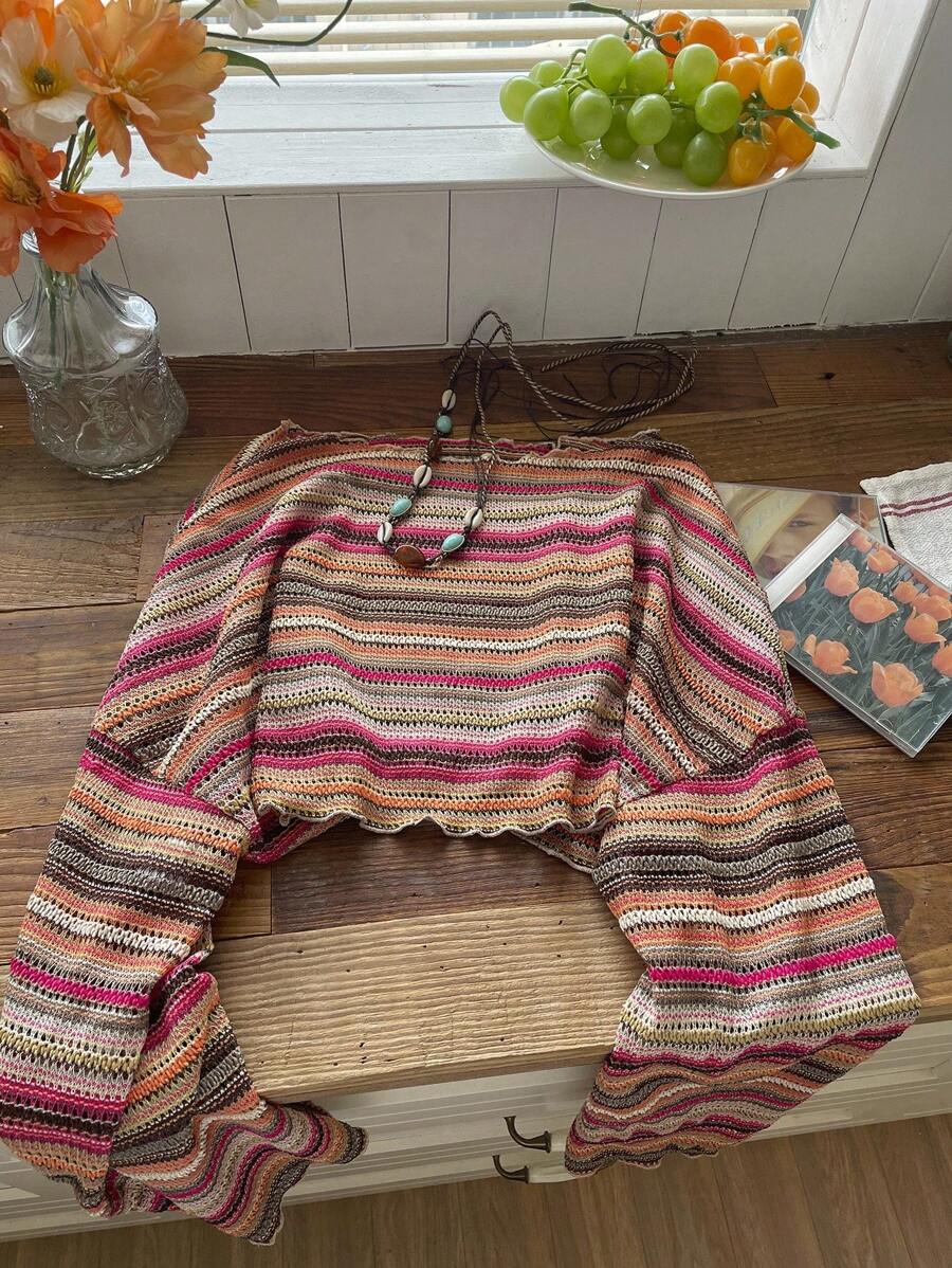 Comfortcana Plus Size Women Casual Striped Cropped T-Shirt,Fall Clothes For Women Colorful Knit Top,Autumn/Winter,Fall Clothes For Women Boho Knit Top Striped Knit Top,Vacation, Summer Knit Top,Slightly Sheer
