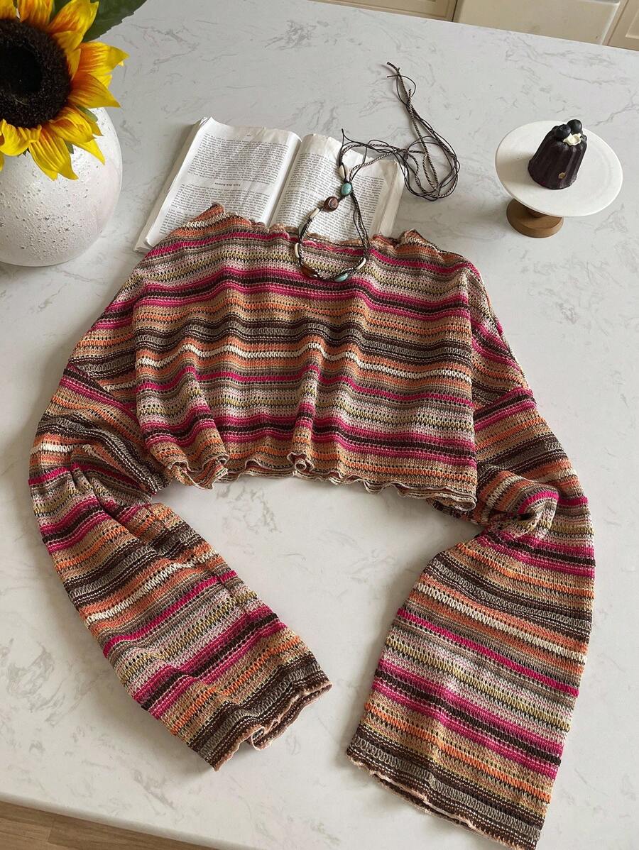 Comfortcana Plus Size Women Casual Striped Cropped T-Shirt,Fall Clothes For Women Colorful Knit Top,Autumn/Winter,Fall Clothes For Women Boho Knit Top Striped Knit Top,Vacation, Summer Knit Top,Slightly Sheer