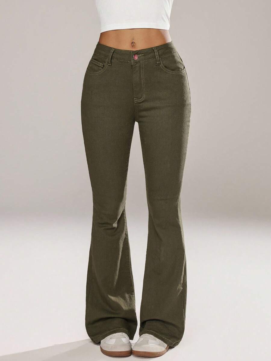 Flexra Women Flared Pocket Casual All-Match Denim Flared Jeans Y2k Bootcut Jeans