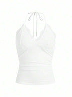 ROMWE PUNK Contrast Lace Ruched Halter Top