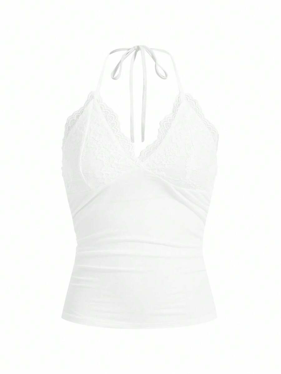 ROMWE PUNK Contrast Lace Ruched Halter Top
