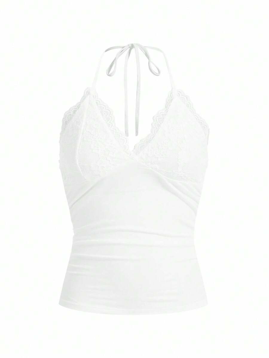 ROMWE PUNK Contrast Lace Ruched Halter Top