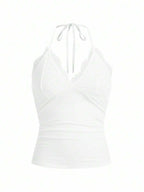 ROMWE PUNK Contrast Lace Ruched Halter Top