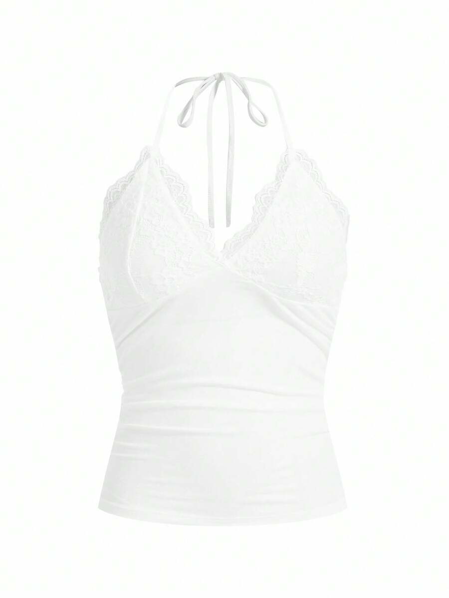 ROMWE PUNK Contrast Lace Ruched Halter Top