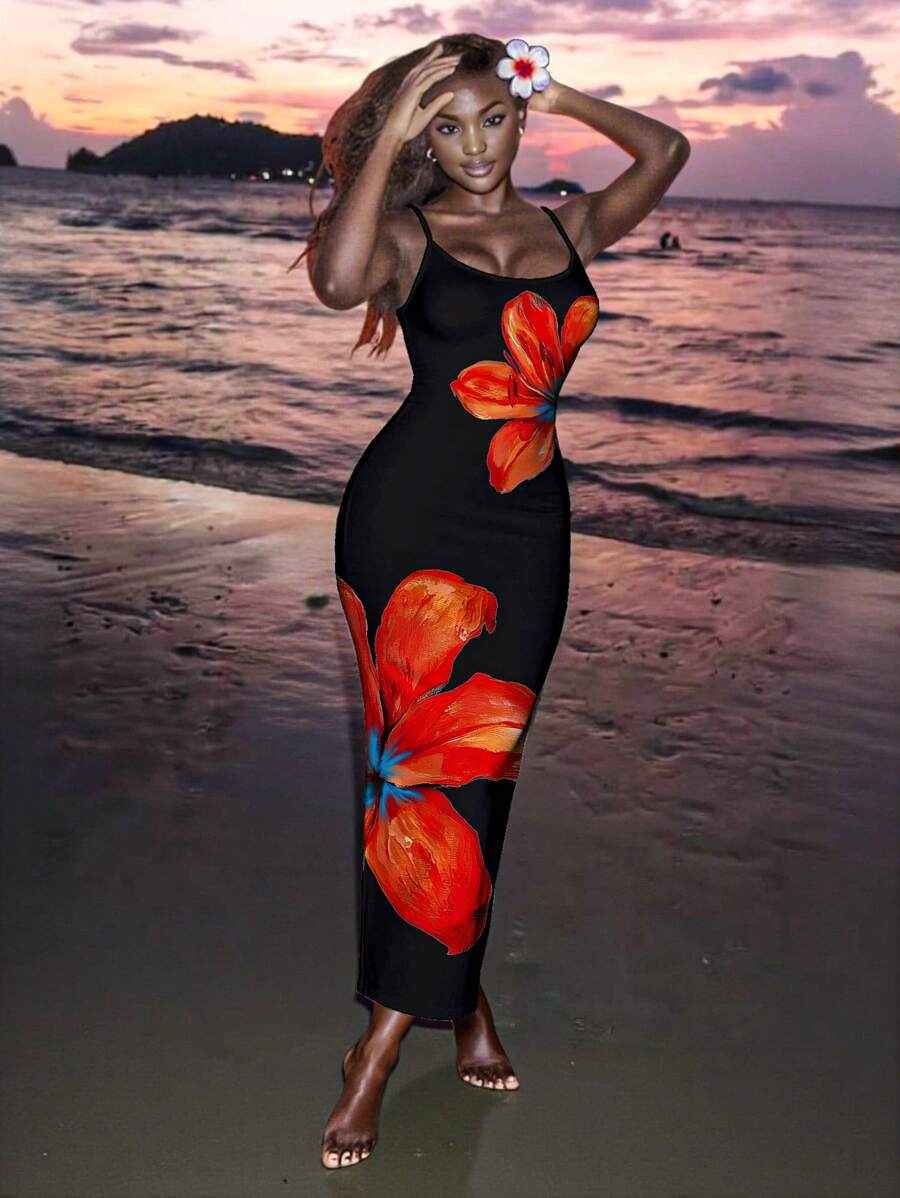 Slaydiva Casual Floral Print Camisole Bodycon Long Dress For Women, Summer Yellow Floral Bodycon Dress Yellow Summer Dress Bodycon Dress Women Yellow Dress Floral Print Bodycon Dress Suitable For Going Out Chic Dress