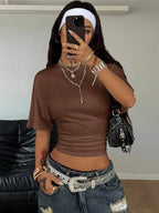 Coolane Women's Summer Minimalist Y2K Basic Daily Wear Casual Back To School Streetwear Stretchy Navy Blue Loose Ruched Crop Tees
