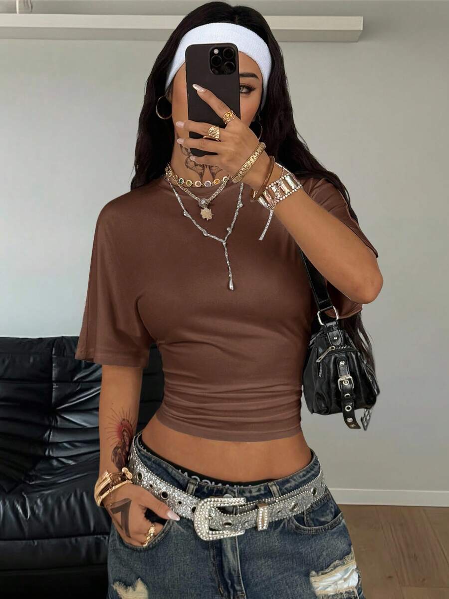 Coolane Women's Summer Minimalist Y2K Basic Daily Wear Casual Back To School Streetwear Stretchy Navy Blue Loose Ruched Crop Tees