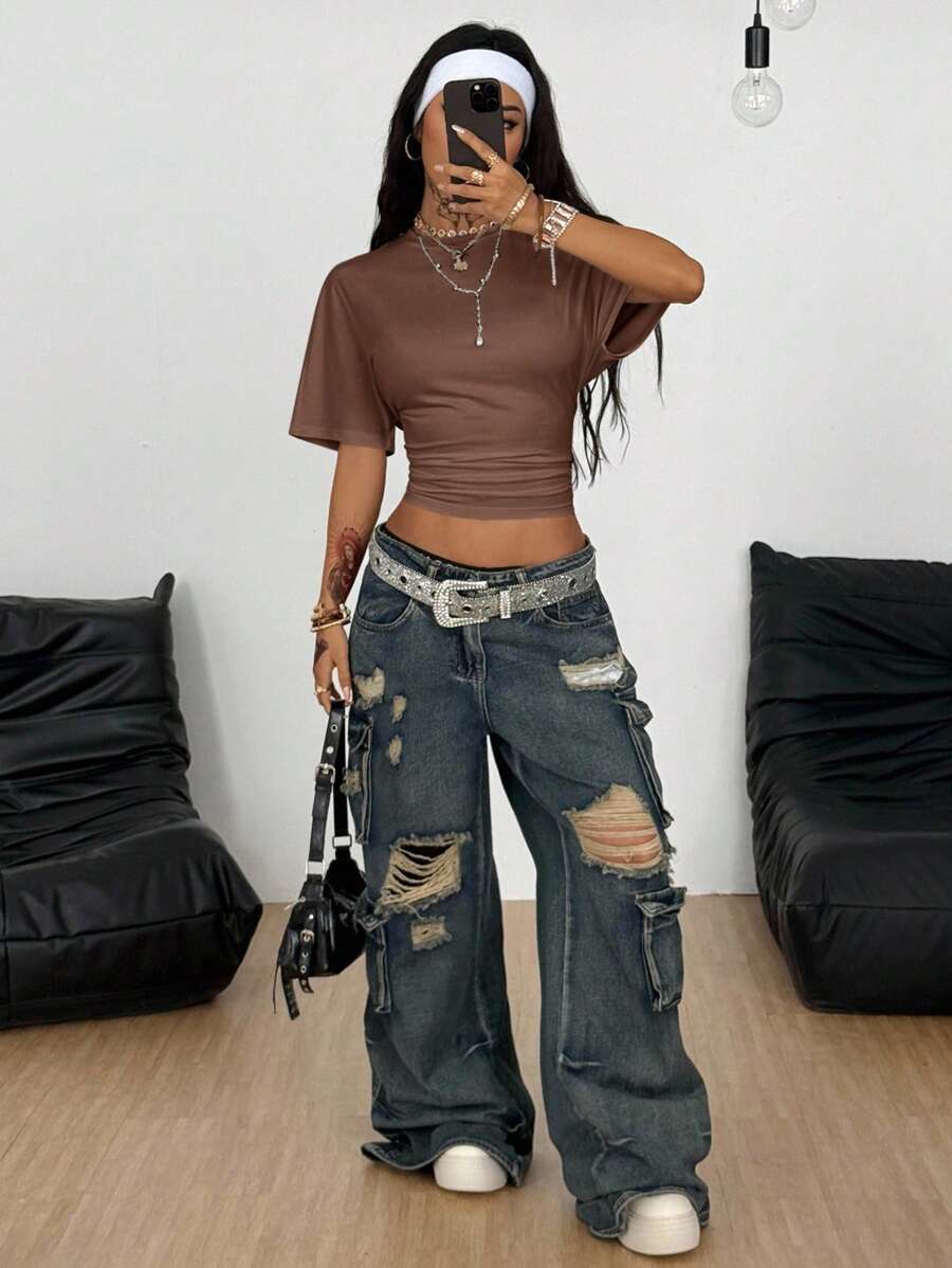 Coolane Women's Summer Minimalist Y2K Basic Daily Wear Casual Back To School Streetwear Stretchy Navy Blue Loose Ruched Crop Tees
