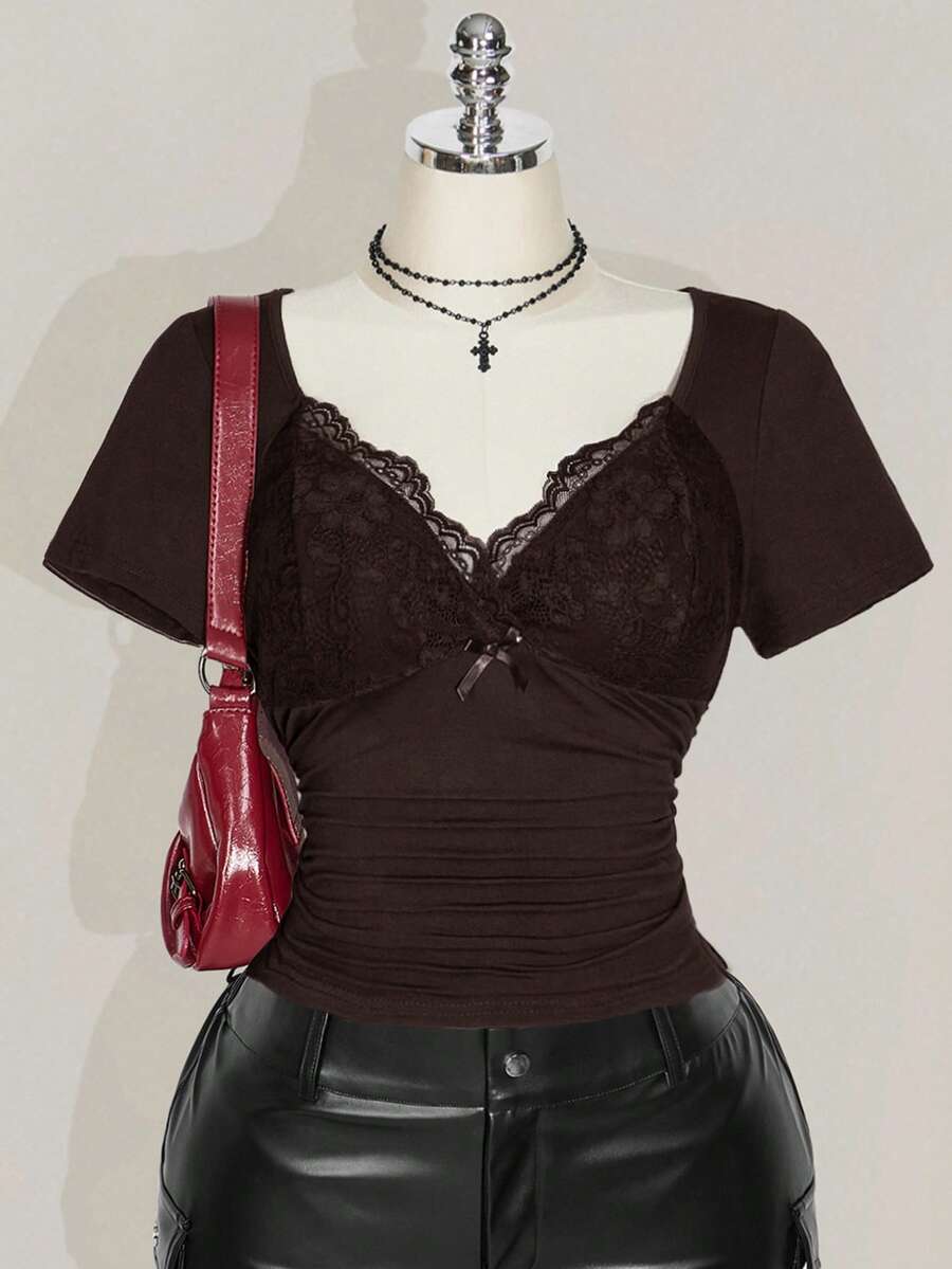 SHEIN ICON Plus Size V-Neck Lace Patchwork Waist Ruched Fitted Knit Top, Sexy T-Shirt For Spring/Summer, Wedding Guest Top