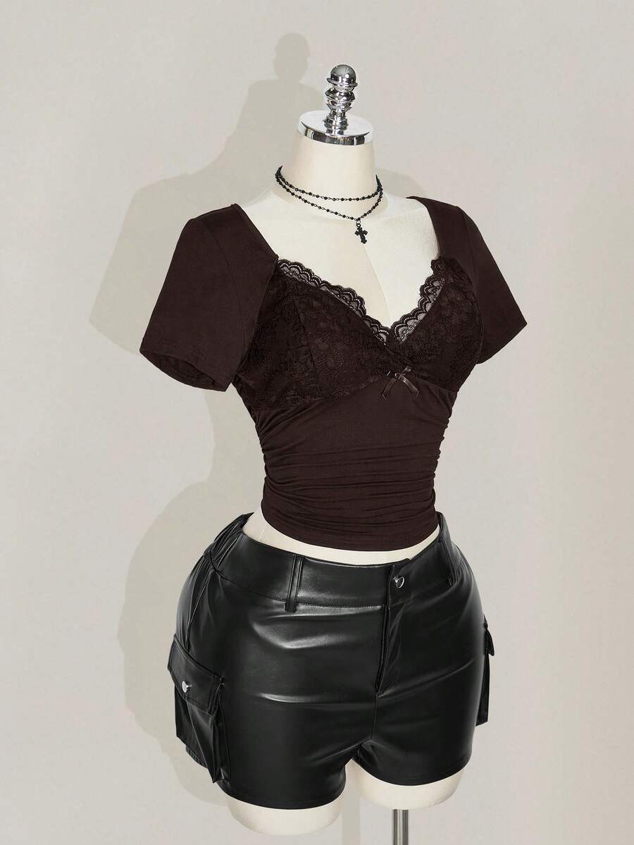 SHEIN ICON Plus Size V-Neck Lace Patchwork Waist Ruched Fitted Knit Top, Sexy T-Shirt For Spring/Summer, Wedding Guest Top