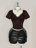 SHEIN ICON Plus Size V-Neck Lace Patchwork Waist Ruched Fitted Knit Top, Sexy T-Shirt For Spring/Summer, Wedding Guest Top