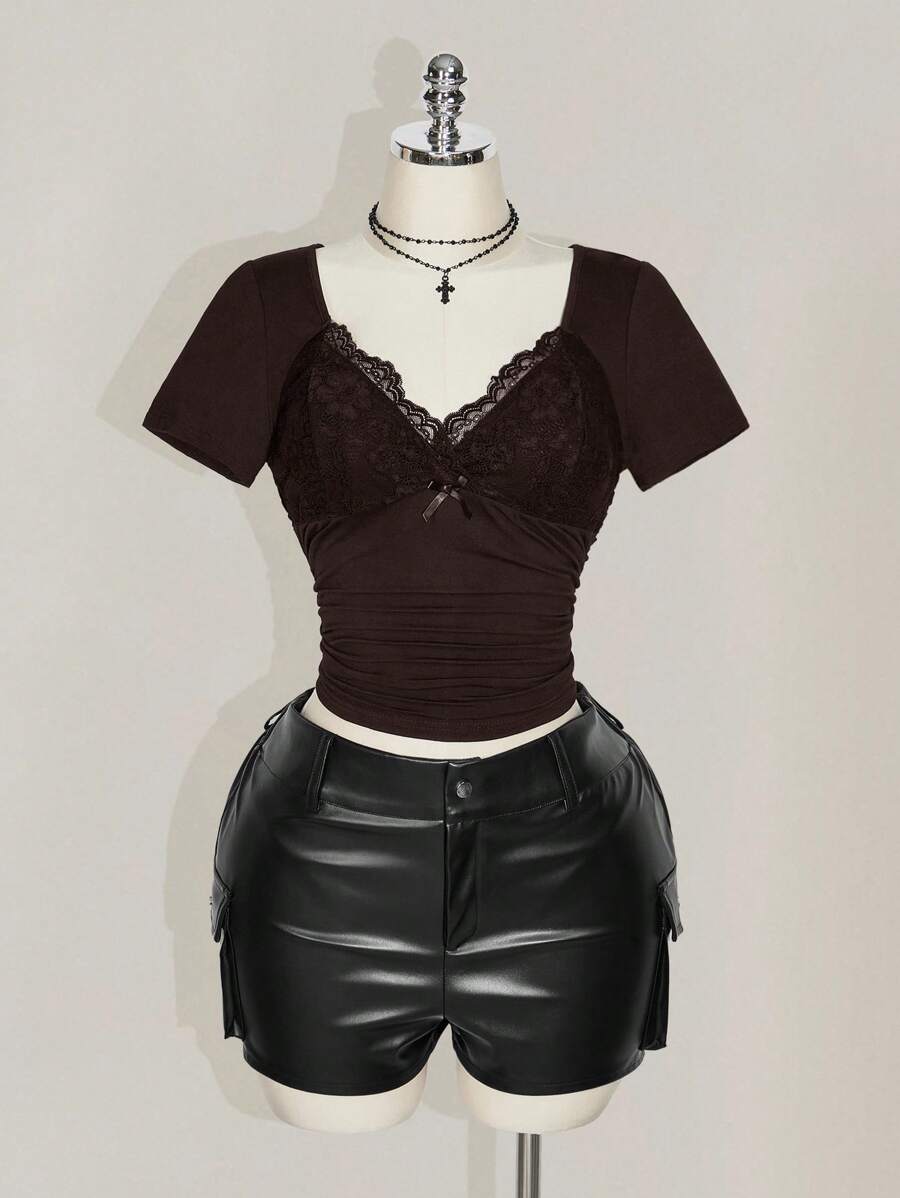 SHEIN ICON Plus Size V-Neck Lace Patchwork Waist Ruched Fitted Knit Top, Sexy T-Shirt For Spring/Summer, Wedding Guest Top