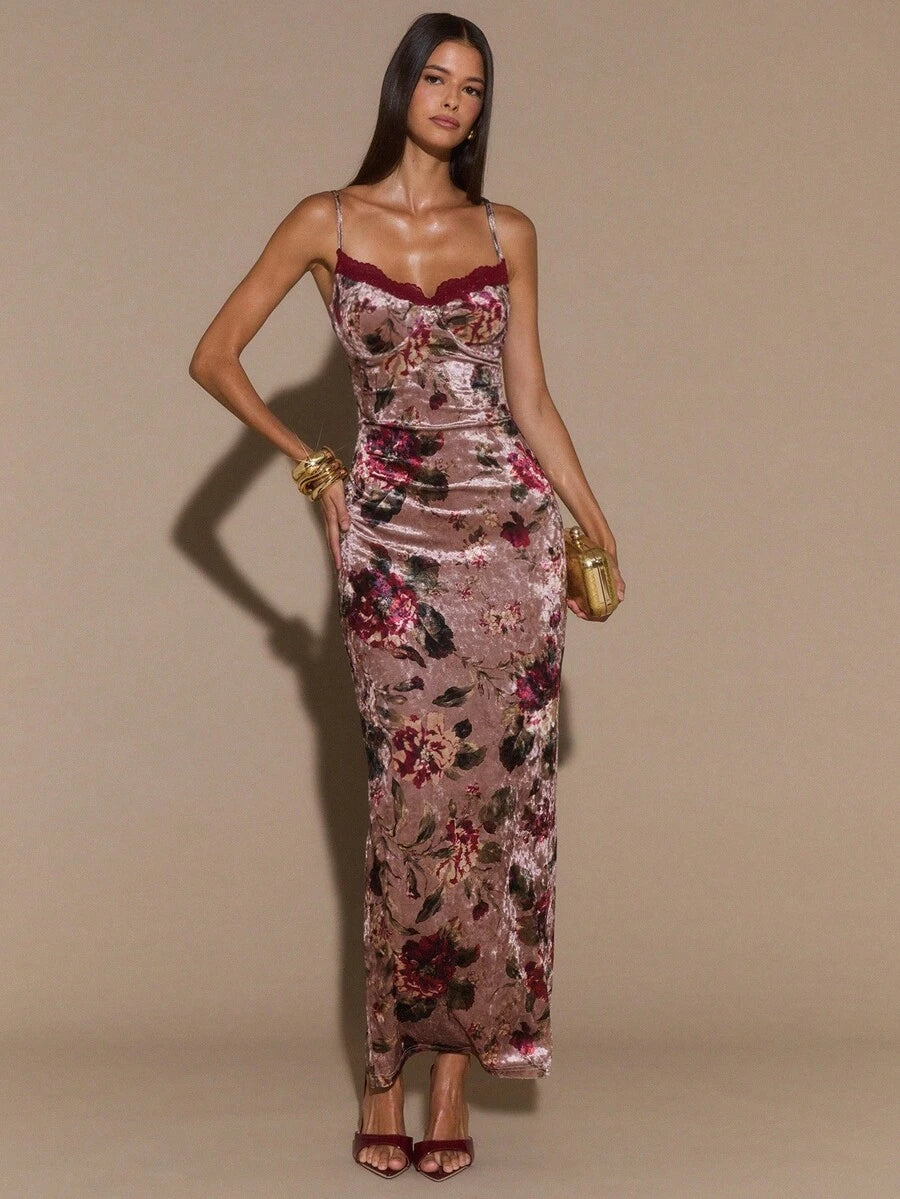 SHEIN BAE Floral Print Maxi Dress With Lace Trim Spaghetti Strap Bodycon Long Dress, Elegant Curve-Hugging Dress For Women, Vacation Dress, Valentine's Day Date Dress, Bridesmaid Mini Dress, Printed Dress,Valentine's Day,Valentine Outfits For Women